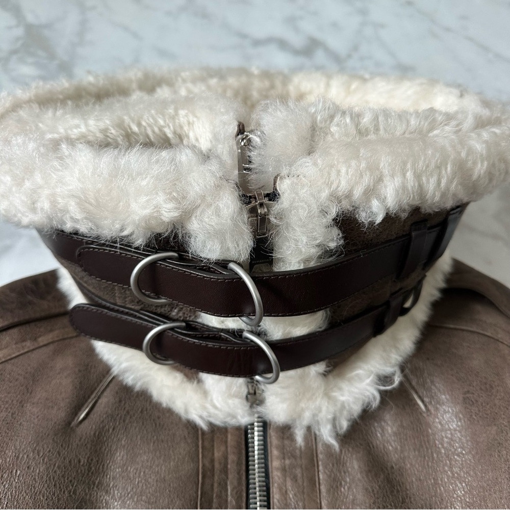 Brown Shearling-Lined Aviator Jacket with Cream Collar - Picture 9 of 13